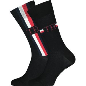 Tommy Hilfiger Iconic Logo Stripe Socks (2-pack), herensokken katoen, zwart - Maat: 39 - 42