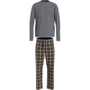 Tommy Hilfiger heren pyjama O-hals, grijs met olijfgroen geruite broek -  Maat: M