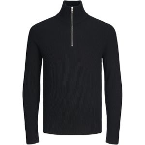 JACK & JONES Perfect knit half zip slim fit, heren schipperstrui katoenmengsel met opstaande boord, zwart