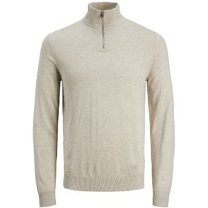 JACK & JONES Emil knit half zip slim fit, heren schipperstrui viscosemengsel met opstaande boord, beige melange