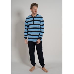 TOM TAILOR heren pyjama O-hals met knoopjes, middenblauw gestreept -  Maat: XL