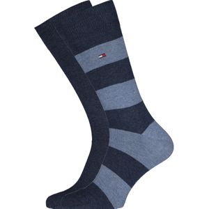 Tommy Hilfiger Rugby Stripe Socks (2-pack), herensokken katoen gestreept en uni, jeans blauw -  Maat: 43-46