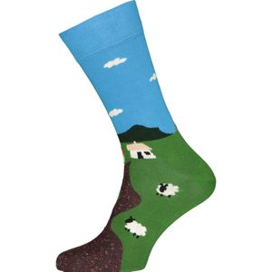 Happy Socks Little House On The Moorland Sock, unisex sokken, groen met blauw landschap - Unisex - Maat: 36-40
