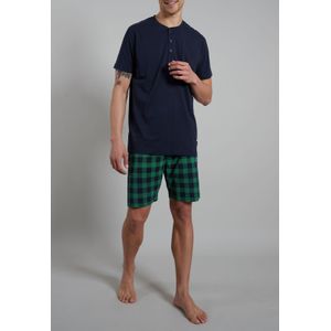 Ceceba heren shortama O-hals met knoopjes, donkerblauw geruit