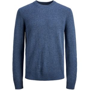 JACK & JONES Lambswool knit crew neck slim fit, heren pullover wol met O-hals, middenblauw melange