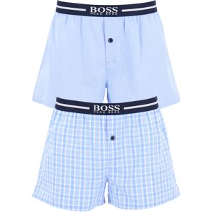 HUGO BOSS boxershorts woven (2-pack), heren boxers wijd model, lichtblauw met wit geruit en gestreept
