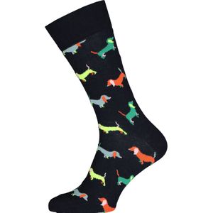 Happy Socks Puppy Love Sock, unisex sokken, zwart met gekleurde hondjes - Unisex - Maat: 41-46