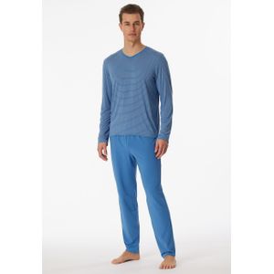 SCHIESSER Long Life Soft pyjamaset, heren pyjama lang modal V-hals strepen oceaanblauw
