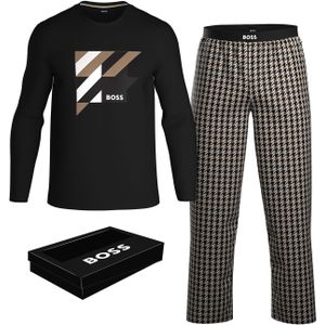 BOSS Dynamic Long Set, heren pyjama set, zwart met beige en wit dessin