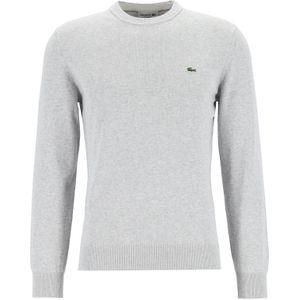 Lacoste trui katoen O-hals, gebreide heren trui, lichtgrijs melange