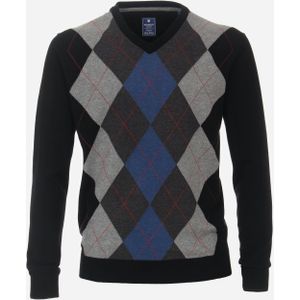 Redmond heren trui katoen, V-hals, zwart, grijs, blauw geruit (middeldik) -  Maat: L