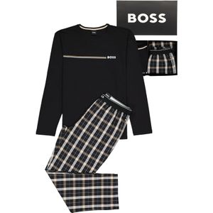 HUGO BOSS Urban Long Set, heren pyjamaset, zwart met geruite broek in cadeauverpakking -  Maat: L