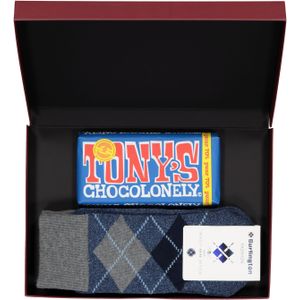 Hot Chocolade heren cadeauset Burlington Huissokken met pure chocolade, blauw geruit -  Maat: 40-46