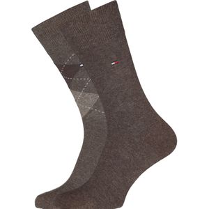 Tommy Hilfiger Check Socks (2-pack), herensokken katoen, geruit en uni, bruin -  Maat: 47-49