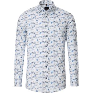 VENTI body fit overhemd, popeline, wit met blauw en grijs dessin