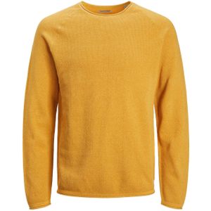 JACK & JONES Hill knit crew neck slim fit, heren pullover katoen met O-hals, okergeel melange