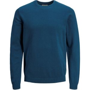 JACK & JONES Basic knit crew neck slim fit, heren pullover katoen met O-hals, middenblauw