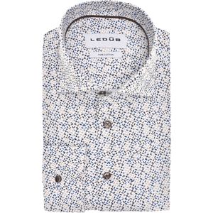 Ledub modern fit overhemd, popeline, wit met blauw, bruin en beige dessin