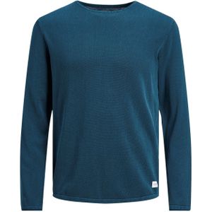 JACK & JONES Leo knit crew neck slim fit, heren pullover katoen met O-hals, middenblauw