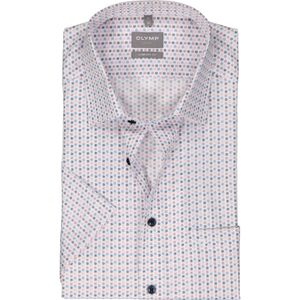 OLYMP comfort fit overhemd, korte mouw, popeline, wit met blauw en roze dessin 42