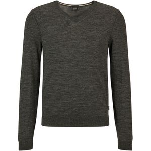 BOSS Melba slim fit trui wol, heren pullover met V-hals, zwart-wit melange