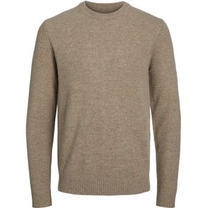 JACK & JONES Lambswool knit crew neck slim fit, heren pullover wol met O-hals, lichtbruin