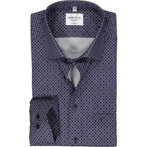MARVELIS modern fit overhemd, mouwlengte 7, popeline, donkerblauw met rood, wit en lichtblauw dessin 38