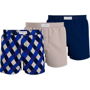 Tommy Hilfiger wijde boxershorts (3-pack), katoenen shorts woven boxer, beige, blauw en geruit -  Maat: XL