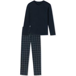 SCHIESSER Fine Interlock pyjamaset, heren pyjama lang interlock V-hals geruit nachtblauw -  Maat: 3XL