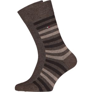 Tommy Hilfiger Duo Stripe Socks (2-pack), herensokken katoen, gestreept en uni, bruin -  Maat: 43-46