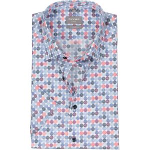 OLYMP comfort fit overhemd, korte mouw, popeline, wit met blauw en rood dessin 48