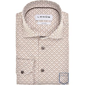 Ledub modern fit overhemd, mouwlengte 72 cm, popeline, bruin met wit dessin