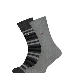 Tommy Hilfiger Duo Stripe Socks (2-pack), herensokken katoen, gestreept en uni, antraciet grijs -  Maat: 43-46