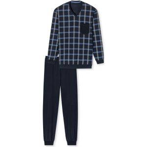 SCHIESSER Comfort Nightwear pyjamaset, heren pyjama lang organic cotton V-hals manchetten borstzak nachtblauw geruit -  Maat: XXL
