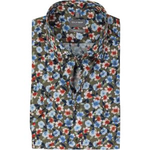 OLYMP comfort fit overhemd, korte mouw, popeline, groen met blauw, rood en wit bloemen dessin