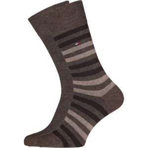 Tommy Hilfiger Duo Stripe Socks (2-pack), herensokken katoen, gestreept en uni, bruin