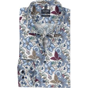 OLYMP modern fit overhemd, popeline, wit met blauw en donkerroze bloemen dessin