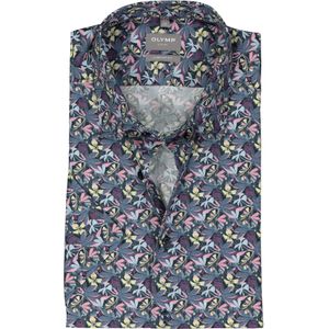 OLYMP - Multicolor Fantasie - Overhemd - Grijs met Geel en Roze - Korte Mouwen, Strijkvrij, Boordmaat: 41