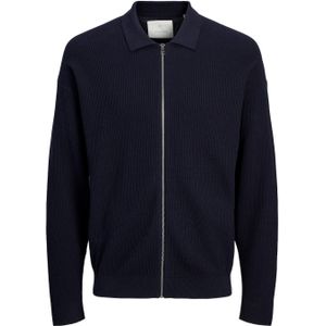 JACK & JONES Spring perfect knit cardigan slim fit, heren vest katoen met polo kraag, donkerblauw