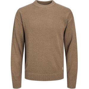 JACK & JONES Jack knit crew neck slim fit, heren pullover katoenmengsel met O-hals, camel bruin