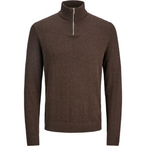 JACK & JONES Emil knit half zip slim fit, heren schipperstrui viscosemengsel met opstaande boord, donkerbruin melange