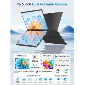 UPERFECT dubbele draagbare monitor 15,6" 1080P FHD IPS opvouwbaar gestapeld drievoudig laptopscherm Extender spel USB-C Plug & Play reizen