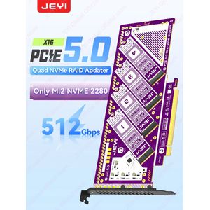 JEYI PCIe 5.0 X16 Quad M.2 uitbreidingskaart 4-bay NVMe RAID 0/1/5/JBOD-adapter 512 Gb/s Snelheid 8 TB per SSD Compatibel PCIe 4.0/3.0