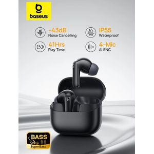 Baseus Bass EP10 NC -43dB Ruisonderdrukkende ANC Echte draadloze oordopjes Bluetooth 6.0 In-ear draadloze koptelefoon 4 microfoons ENC-oordopjes