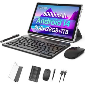 Android 14 tablet, met toetsenbord, muis, beschermhoes, stylus, 8(4+4) GB+128GB, octa-core processor, GMS-certificering