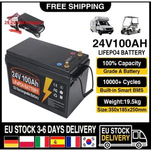 24V 100Ah LiFePO4-batterij Ingebouwde BMS-lithium-ijzerfosfaatcel 10000 cycli levensduur voor campers Golfkar op zonne-energie met oplader