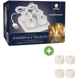 Koopman Oplaadbare LED Theelicht Set - 4-delig - MET oplader - Inclusief 4 Extra Theelichtjes - Wit