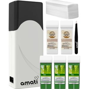 Amati Wax Roller - met 5 Refills & Wax Strips - Aloë Vera & Parel - Wax Apparaat - Wax Verwarmer - Wax Heater - Wax Set