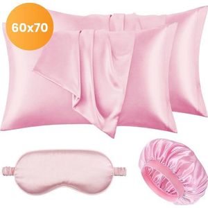Satijnen set kussensloop - Incl. bonnet en slaapmasker - 60x70 cm - Slaapmuts - Krullen - Satijn - Moerbij - Zijden - Beauty - Silk - Zachte - Satin