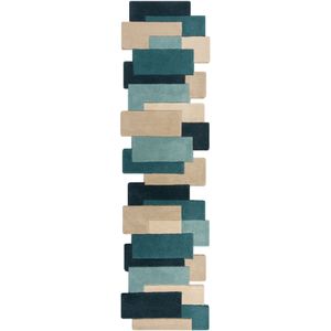 Flair Rugs Collage Wol Vloerkleed 66x300 cm – Handgemaakt Loper – Teal – Luxe Design van Natuurlijke Wol